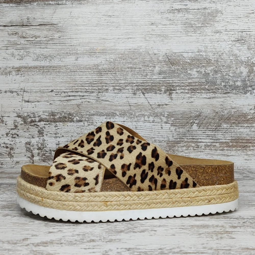 Like New Office Girl Leopard Calf Hair Flatform Espadrille Slide Sandal - Picture 1 of 16